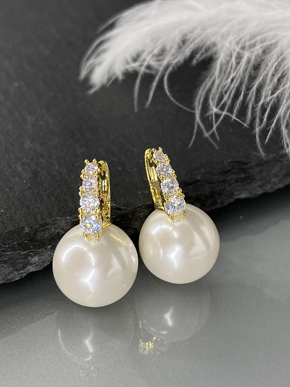 Серьги жемчуг 14mm со стразами Au		