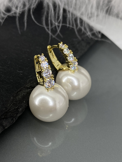 Серьги жемчуг 14mm со стразами Au		