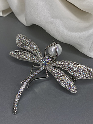 Брошь Стрекоза циркон с жемчугом 2
