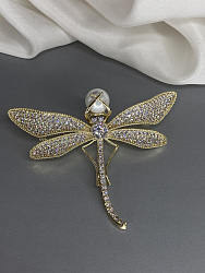 Брошь Стрекоза Au циркон с жемчугом 3